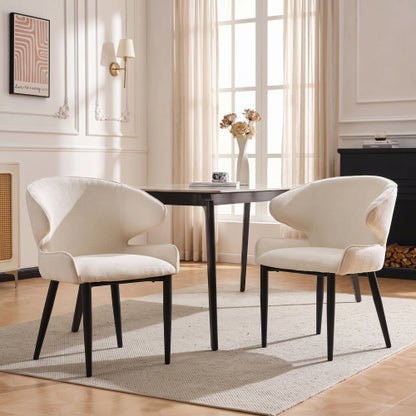 Shell Back Fabric Dining Chairs with Black Metal Legs, Set of 2, Beige