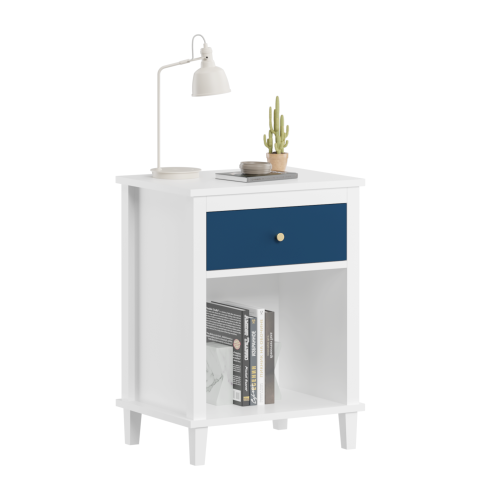 26.77''H Wooden Nightstand with One Drawer One Shelf for Kids, Adults, Navy+Golden handle