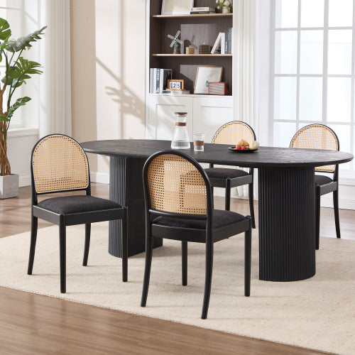 Set of 2 Rattan Dining Chairs with Teddy Upholstered Seat, Wood Legs, Black Kitchen Chairs