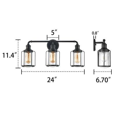24 in. W 3-Light Matte Black Vanity Light with Clear Glass Shade