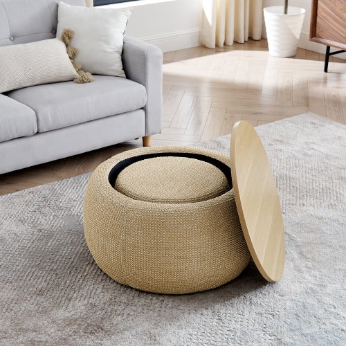Natural Rattan Fabric Round Storage Ottoman with Inner Stool, 2 in 1 Footrest & Side Table, 25 inch x25 inch x14.7 inch