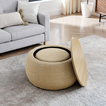 Natural Rattan Fabric Round Storage Ottoman with Inner Stool, 2 in 1 Footrest & Side Table, 25 inch x25 inch x14.7 inch