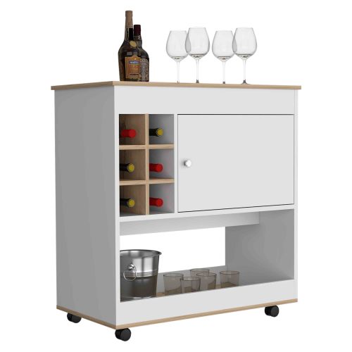 Bar Cart, Six Bottle Cubbies, One Cabinet, Four Casters, Light Oak / White