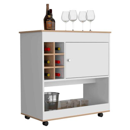 Bar Cart, Six Bottle Cubbies, One Cabinet, Four Casters, Light Oak / White