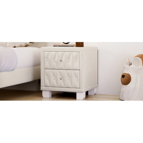 Elegant Velvet Nightstand with 2 Drawers and Crystal Handle, Storage Bedside Table with Button-Tufted, Beige