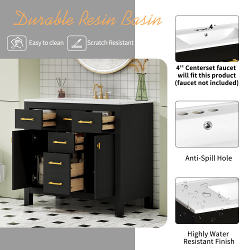 36'' Bathroom Vanity with Ceramic Sink Combo Set,Modern Freestanding Single Bathroom Cabinet with 4 Drawers & 2 Cabinets,Storage Cabinet for Bathroom, Solid Wood Frame Vanity Set, Black