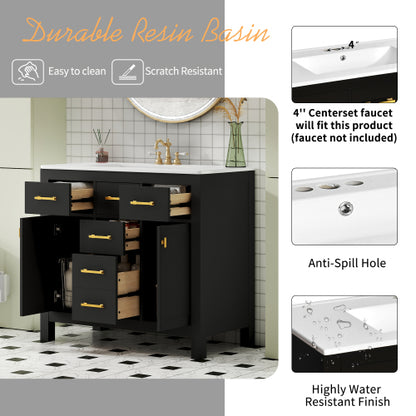 36'' Bathroom Vanity with Ceramic Sink Combo Set,Modern Freestanding Single Bathroom Cabinet with 4 Drawers & 2 Cabinets,Storage Cabinet for Bathroom, Solid Wood Frame Vanity Set, Black