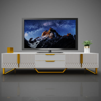White Carved Pattern TV Stand with Metal Support Legs Large Storage Entertainment Center for Bedroom Living Room