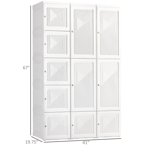 Portable Wardrobe Closet, Folding Bedroom Armoire, Clothes Storage Organizer with 11 Cube Compartments, Hanging Rod, Magnet Doors, White