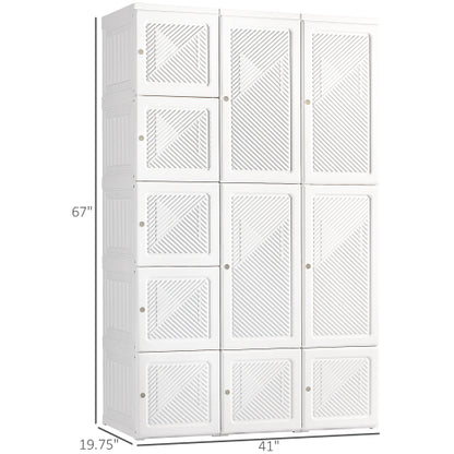 Portable Wardrobe Closet, Folding Bedroom Armoire, Clothes Storage Organizer with 11 Cube Compartments, Hanging Rod, Magnet Doors, White
