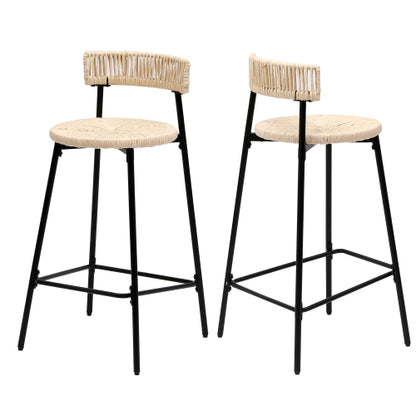 Counter Stools Set of 2 Handwoven Paper Rope Bar Stools Boho Round Dining Pub Chairs for Kitchen (Black & Creamy White)