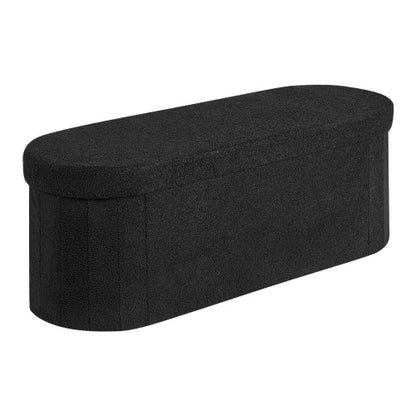 Black Foldable Teddy Fleece Oval Storage Ottoman Bench, 660 LBS Bed End Bench with Divided Storage