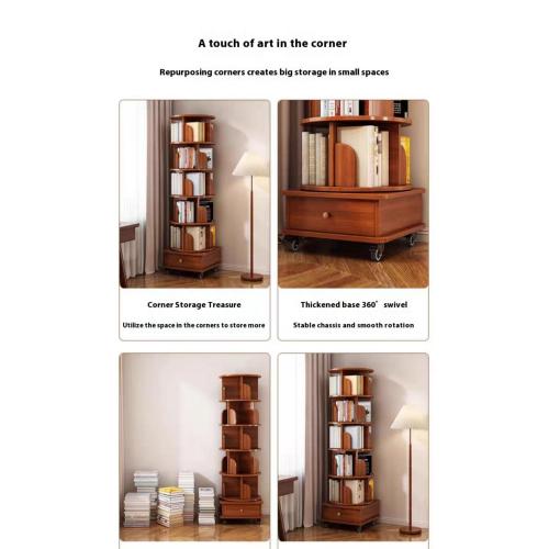 Rotating Bookshelf, 360 Display Corner Bookshelf for Small Space, 6 Tier Bookcase Storage Rack with Wheels, Wood Narrow Organizer for Bedroom, Living Room, Study Room, Walnut Brown