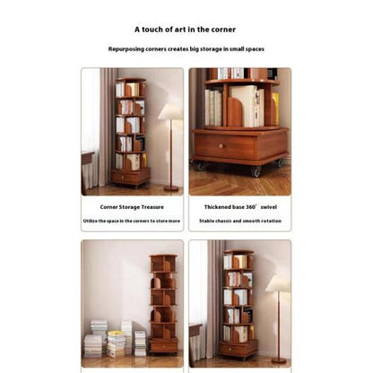 Rotating Bookshelf, 360 Display Corner Bookshelf for Small Space, 6 Tier Bookcase Storage Rack with Wheels, Wood Narrow Organizer for Bedroom, Living Room, Study Room, Walnut Brown