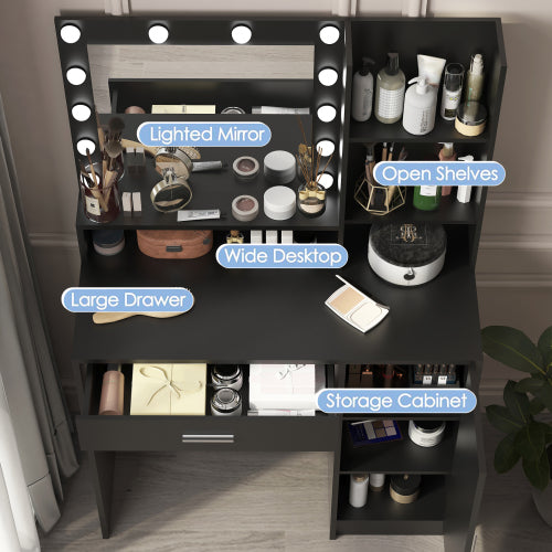Black Vanity Desk with Mirror & Light, 12 LED Bulbs, Large Drawer, 3 Shelves & 3-Level Cabinets, 3 Lighting Modes