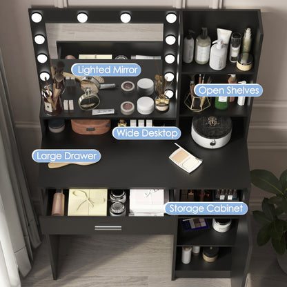 Black Vanity Desk with Mirror & Light, 12 LED Bulbs, Large Drawer, 3 Shelves & 3-Level Cabinets, 3 Lighting Modes