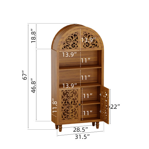 66 Inch Vintage Arched Hand-Carved Wood Open&Closed Storage Cabinet