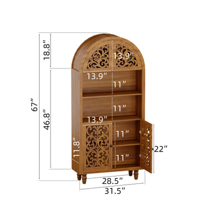66 Inch Vintage Arched Hand-Carved Wood Open&Closed Storage Cabinet
