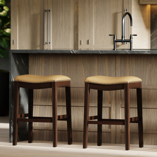 31in. H Bar-Height Wood Barstool with Tan Faux-Leather Seat, 1PC
