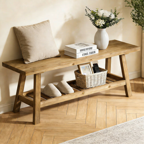 43inch  Farmhouse Wood Bench, 2-Tier Entryway Bench, Narrow Rustic Storage Bench with Open Storage Shelf for Entryway, Hallway, Living Room, Bedroom, Kitchen, Dining (Distressed Wood Color)