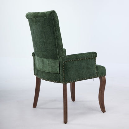 Single Olive Green Chenille Tufted Arm Dining Chair, Curved Hand Sanded Solid Wood Legs 300lbs Capacity