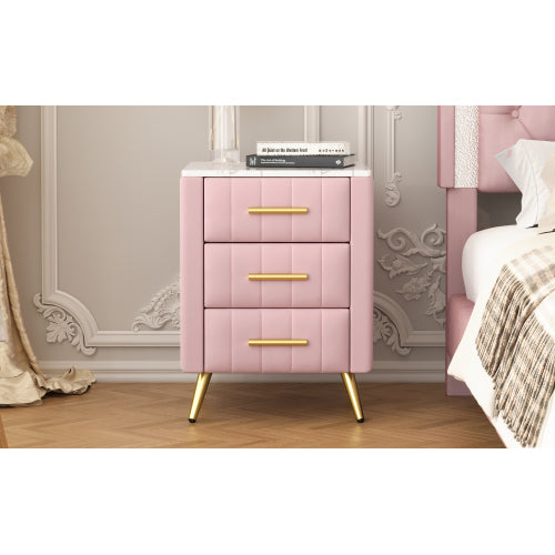 Upholstered Wooden Nightstand with 3 Drawers and Metal Legs&Handles, Bedside Table with Marbling Stickers Worktop - Pink
