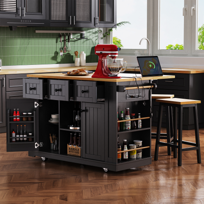 53inch Large Kitchen Island with 2 Bar Stools, Power Outlet,Door Internal Storage Rack, Kitchen Storage Cart on 5 Wheels with Drop Leaf, 5 Open Side Racks, 3 Drawers,Black (Three Packages)
