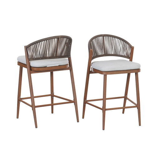 Outdoor 26" Seat Height Aluminum Frame Counter Stools with PE Rattan Scallop-shaped Backrest, Set of 2, Teak Finish