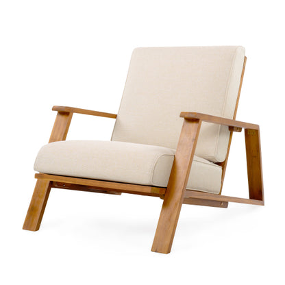 Patio Lounge Chair Set of 2, Outdoor Club Chair with Beige Cushion and Teak Acacia Wood Frame