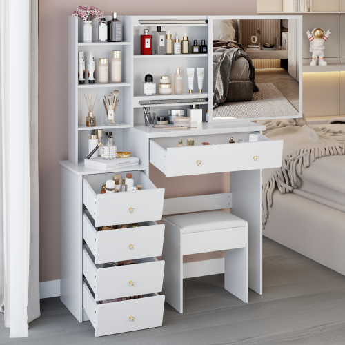 37inch  Middle Size Left Bedside Cabinet Vanity Table + Cushioned Stool, Extra Large Right sliding mirror, Multi Layer High Capacity Storage, Practical Fashionable Dresser, Suitable For Large Space