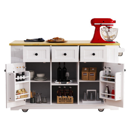 53inch Large Kitchen Island with Drop Leaf, Power Outlet, Door Internal Storage Rack, Rolling Kitchen Cart on 5 Wheels with 5 Open Side Racks for Kitchen, Dining Room,White(Not include bar stools)