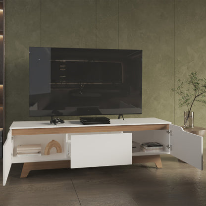 65 Inch White Ash Two-Tone Low Profile TV Stand with Dual Cabinets & Cable Cutouts