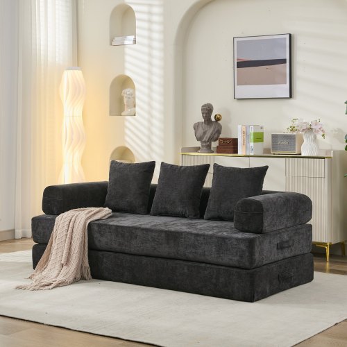 Black Chenille Convertible Folding Floor Sofa Bed with Armrest