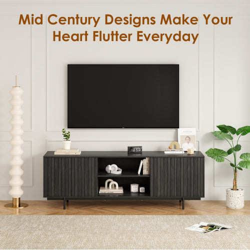 63 Inch Mid Century Fluted Retro Pop-Up Door TV Stand for 75 Inch TV with Removable Storage Shelves