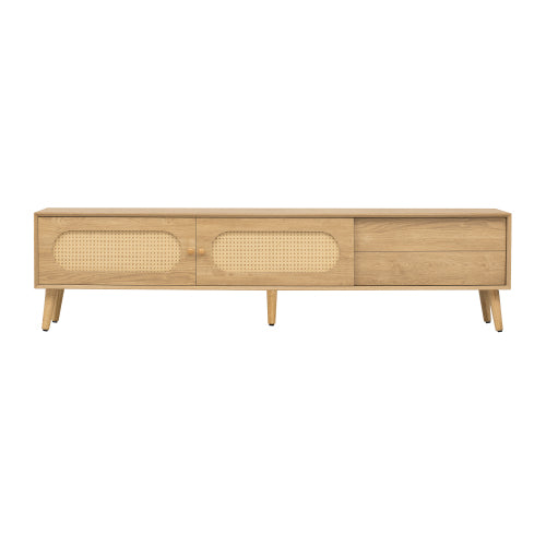 70.8 Inch Natural Wood Boho Rattan Sliding Door TV Stand Solid Wood Legs Holds 80 Inch TV