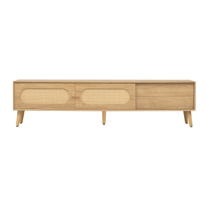 70.8 Inch Natural Wood Boho Rattan Sliding Door TV Stand Solid Wood Legs Holds 80 Inch TV
