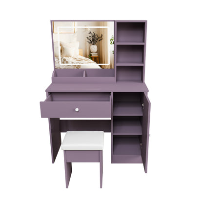 Purple Modern Vanity Desk Set, Dimmable 3?Color LED Mirror, MDF Build, Padded Stool for Bedroom Apartment