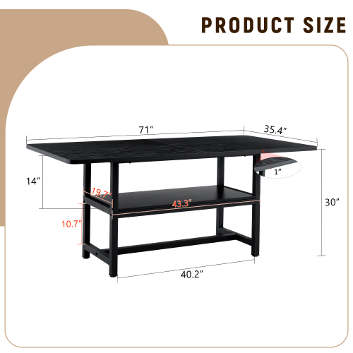 71-Inch Black Wood Grain Dining Table with Storage Shelf