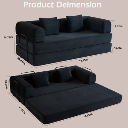 Corduroy Convertible Sleeper Sofa-Bed Fixed-Shape Metal-Frame Floor Lounge Couch with Cylindrical Pillow No-Assembly