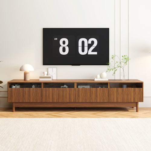 78.7 inch Walnut Fluted Glass Drawer TV Stand Solid Wood Leg Media Console Up To 85 inch TV