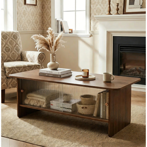 47inch  Rectangular Coffee Table with Fluted Glass Doors, Walnut