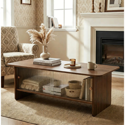 47inch  Rectangular Coffee Table with Fluted Glass Doors, Walnut