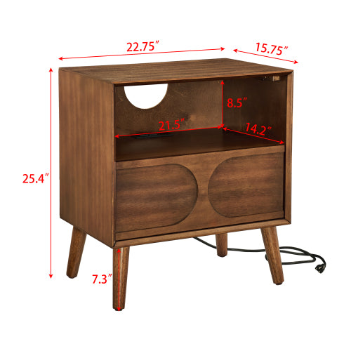 Mid Century Modern Fluted Nightstand with Charging Station USB Ports & Outlet Hole & 4 Solid Wood Legs, Farmhouse End Table with Open Space and Drawer Dresser, Walnut