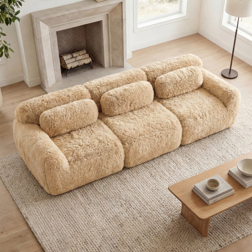 114 inch  Light-Khaki Plush Modular Sectional Sofa, Buckle Connection, No Assembly