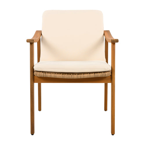 Outdoor Dining Chairs Set of 2, Teak Color Acacia Wood Frame, Brown PE Wicker, Beige Waterproof Cushion, Ideal for Patios, Gardens