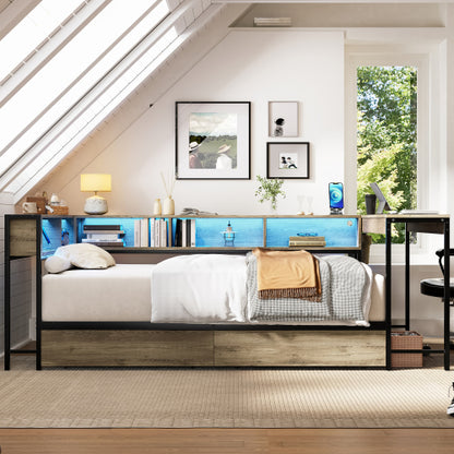 Corner Bed Frame Twin Size with Bookcase and 2 Underbed Storage Drawers, Modern Twin Bed with LED Light and Charging Station, Grey