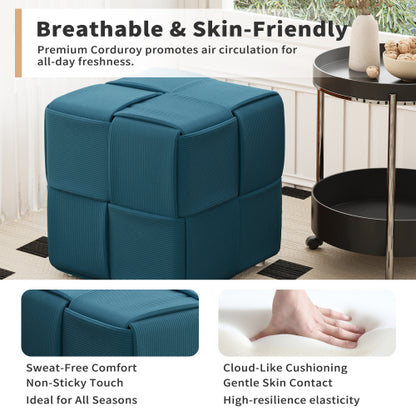Blue Square Corduroy Ottoman Foot Stool, 300 LBS Sturdy No-Assembly Vanity Seat for Bedroom & Dorm