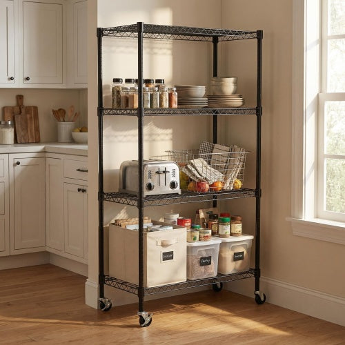4-Tier Rolling Metal Wire Shelving Rack with Locking Wheels