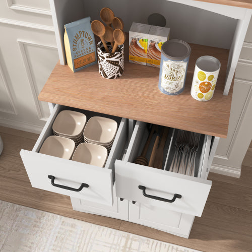 White Kitchen Pantry Cabinet with Microwave Shelf Drawer and Adjustable Storage