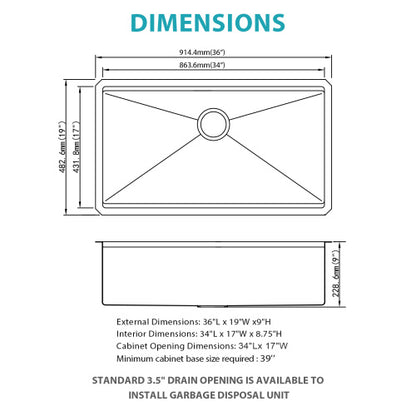 Single Bowl Undermount Workstation Gold Kitchen Sink - 36" x 19" x 9" Inch 16 Gauge Stainless Steel Deep Sink